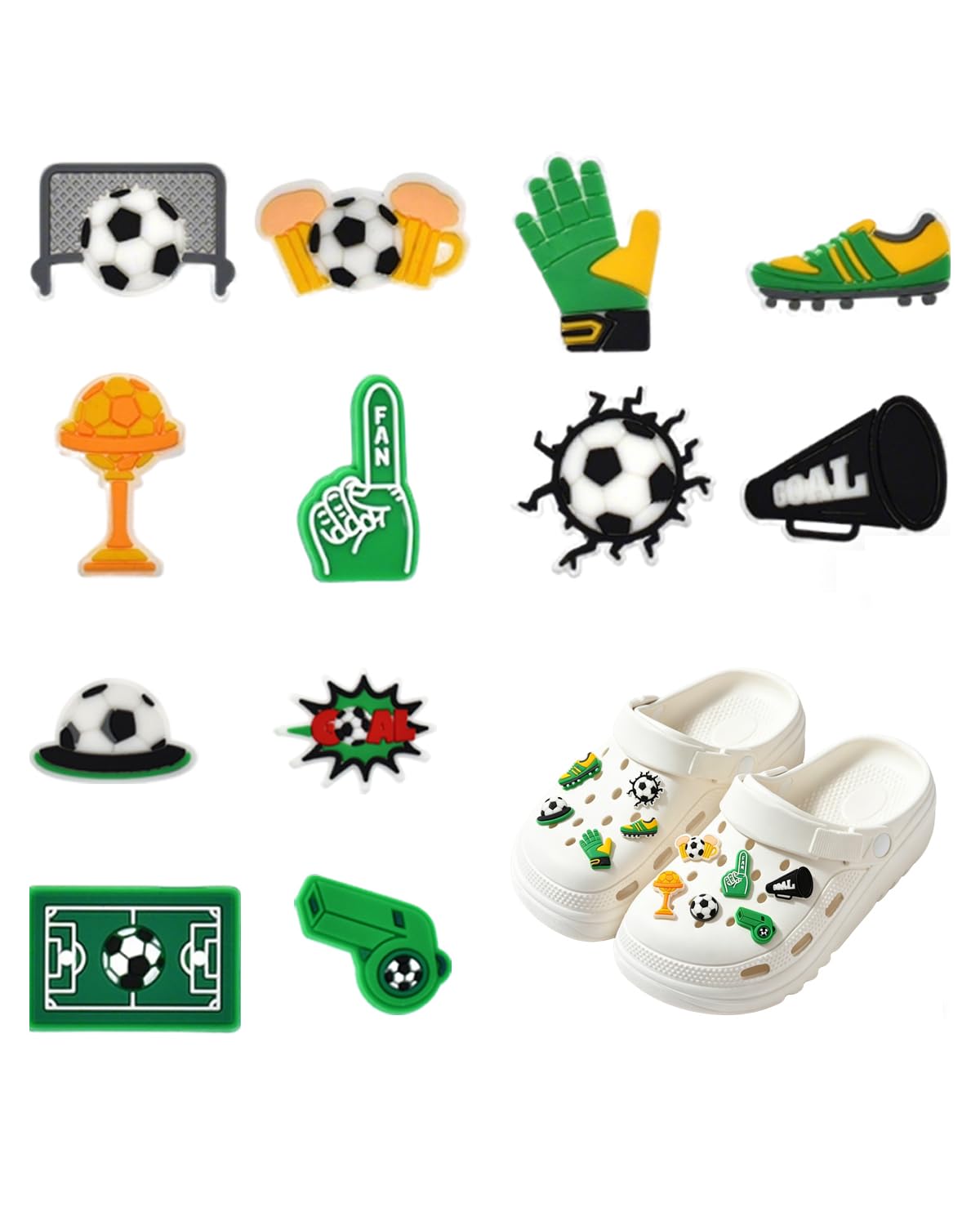 Pins para croks Accesorios 12 Piezas Verde Fútbol, Charms para Decorar Zapatos de Niños y Adultos, Estilos Deportivos, Regalo Ideal para Fans y Deportistas