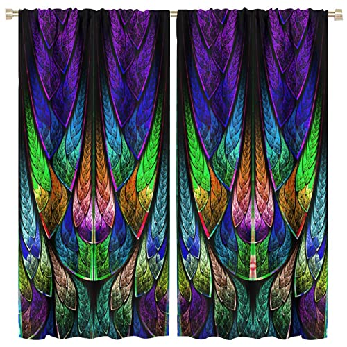 Abstract Window Curtains,Fractal Pattern in Stained Glass Style Blackout Rod Pocket Window Drapes for Living Room Bedroom Decor,2 Panel Set W63xL63in
