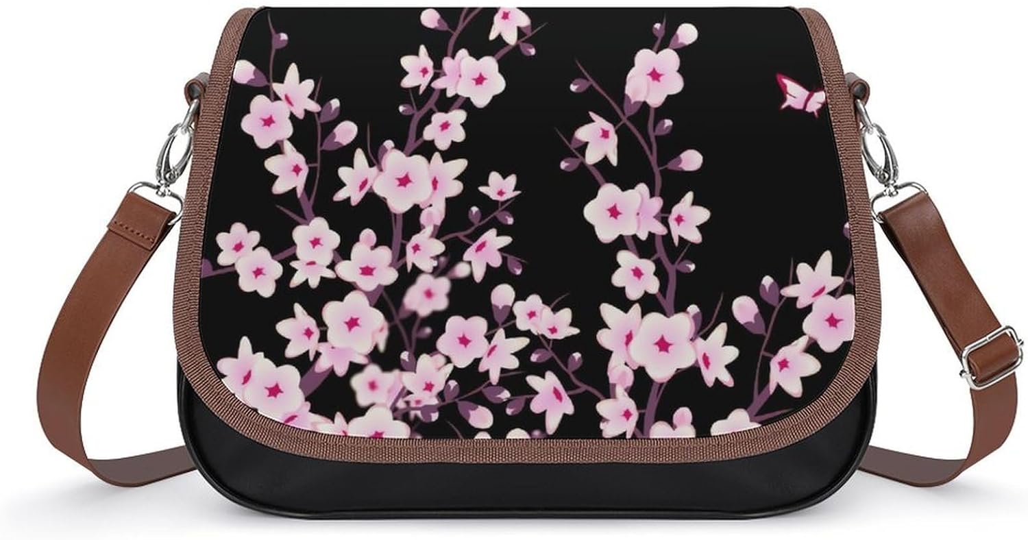 Floral Cherry Blossoms Black PinkWomen's Faux Leather Crossbody Bag, Waterproof Wrinkle-Resistant Shoulder Bag with Detachable Strap, Large Capacity Casual Handbag, Fashion Daily Purse for Shopping Wo