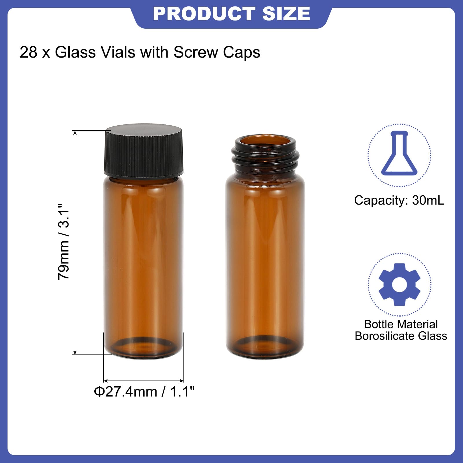 PATIKIL 30ml Vetrini Vetro Ambrato, 28Pz Fiale con Tappo a Vite Flacone Reagenti, Fiala Vetro per Campioni Liquidi a Prova Perdite per Laboratorio, Conservazione Laboratorio