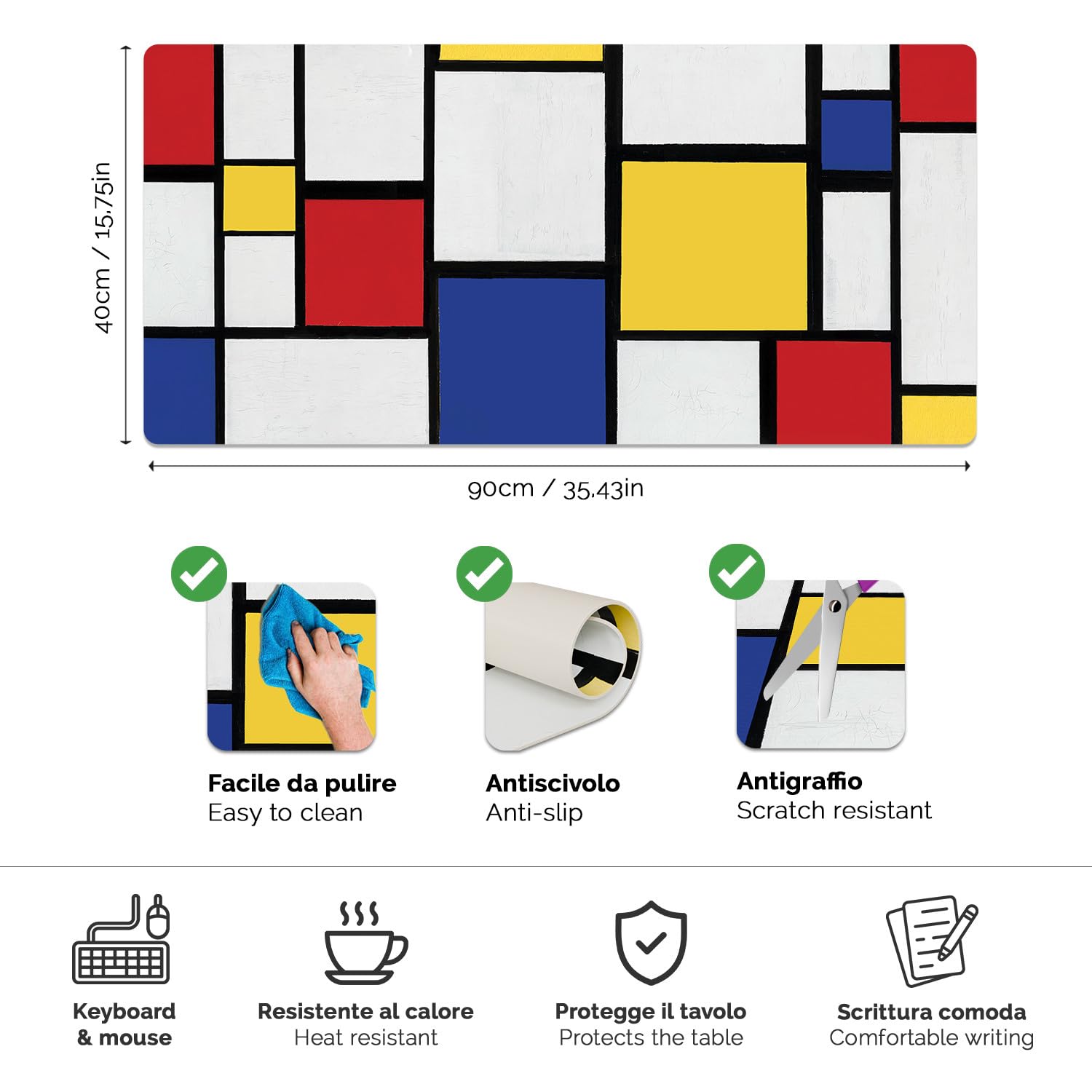 Giallobus - Tappetino scrivania - Opere famose - Vinile - 90L x 40l cm - 38 - Mondrian 1 - Tappetino mouse, sottomano tavolo pad, copri scrivania antiscivolo