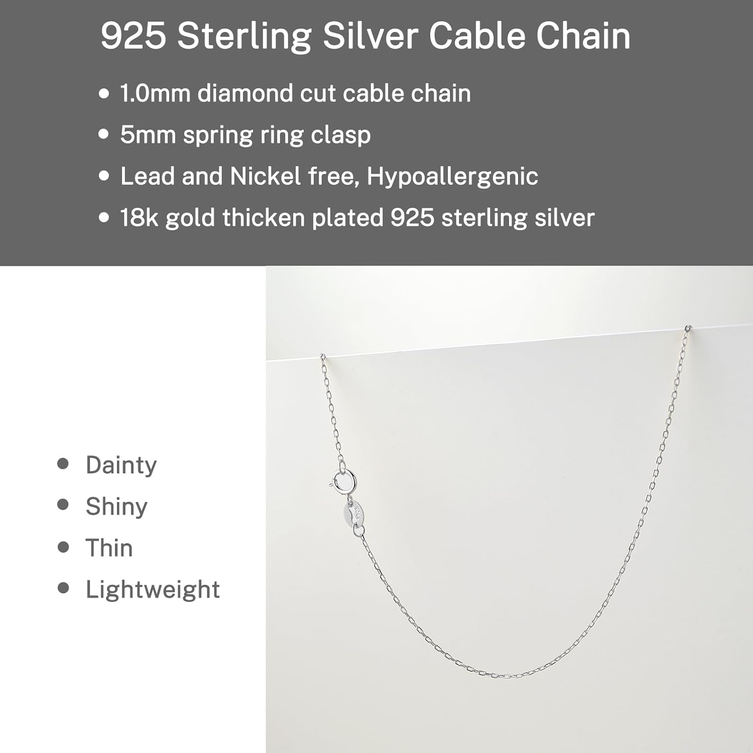 G.Rui&Niao 925 Sterling Silver Chain Necklace for Women, 18K Gold Plated 1.0mm Cable Chain Necklaces - 16-18 inch White - Image 3