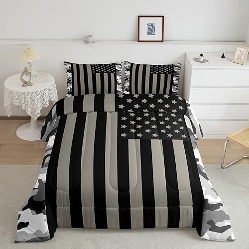 Erosebridal Juego de edredón de bandera estadounidense, edredón de camuflaje militar gris, tamaño Queen, negro, blanco, gris, camuflaje, bandera de