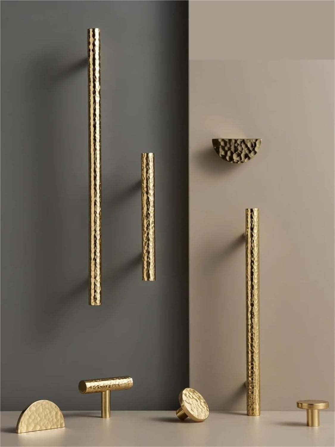 Solid Brass Hammer Pattern Cabinet Handle Handmade Knocking Pattern Round Half Round Long T-Shaped 1Pcs(CH018H-PB-C48)