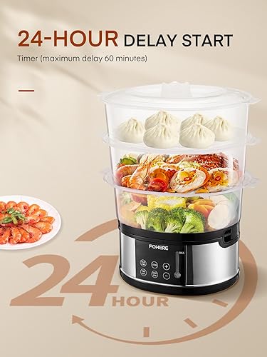 Miniatura 4 de FOHERE Vaporizador de alimentos para cocinar, vaporizador de verduras de 13.7 cuartos de galón con cestas apilables de 3 niveles sin BPA, olla de