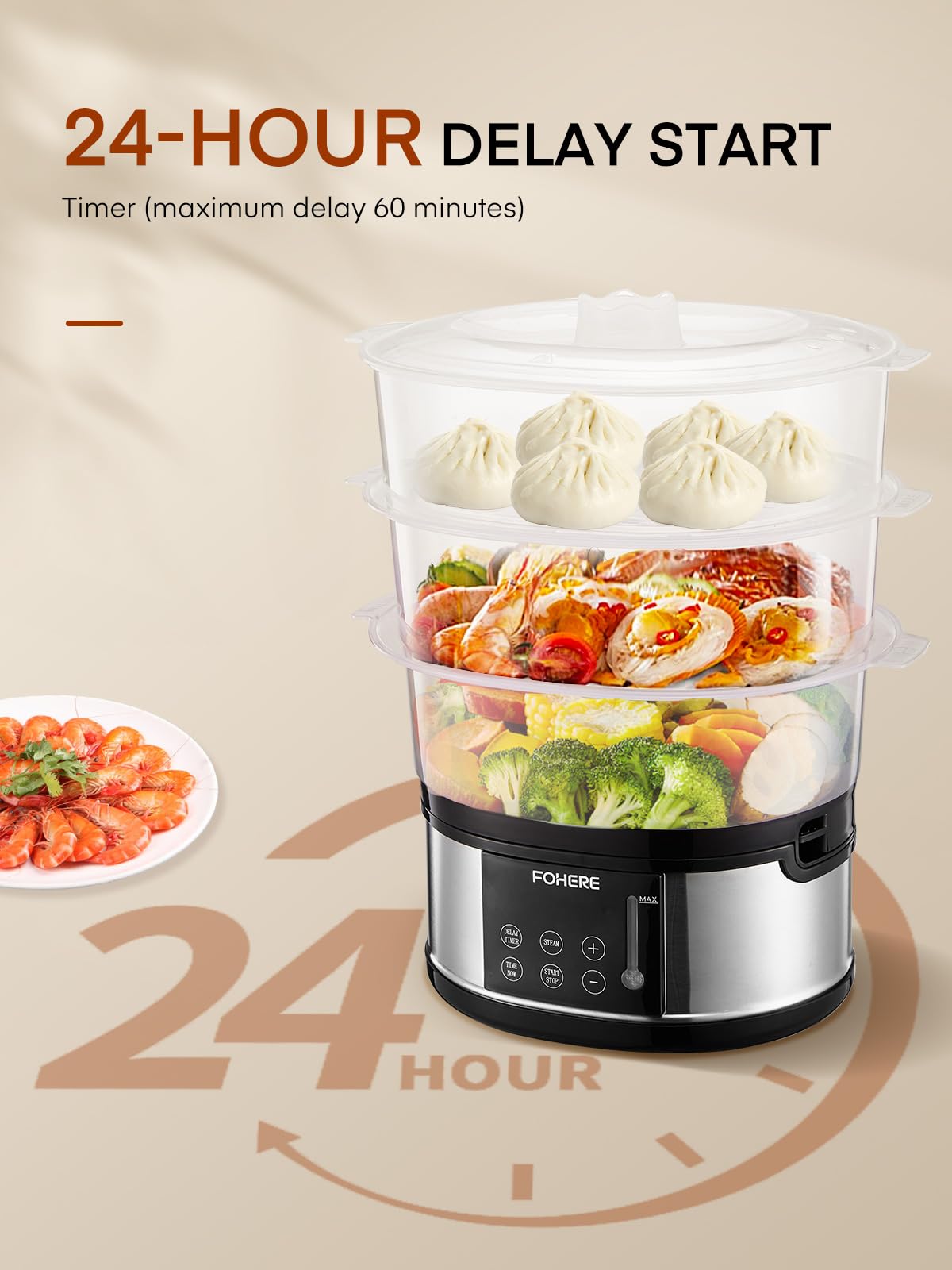 Vaporizador de alimentos para cocinar, vaporizador de verduras de 13.7 cuartos de galón con cestas apilables de 3 niveles sin BPA, olla de vapor eléctrica de 800 W, temporizador de inicio de 4