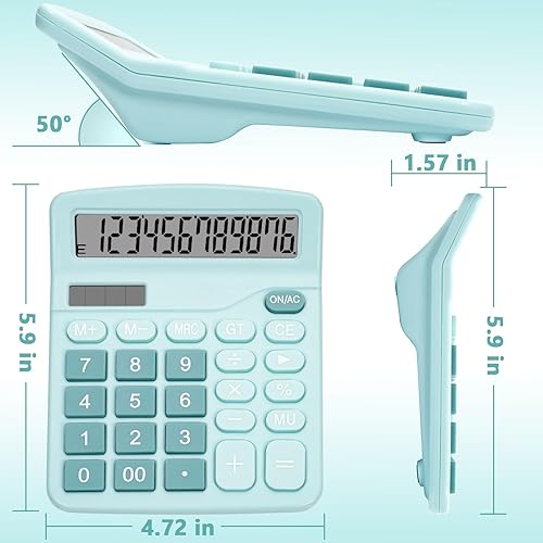 Miniatura 7 de Bonita calculadora de escritorio azul claro con botones grandes, fuente de alimentación doble, energía solar y batería, pantalla de visualización