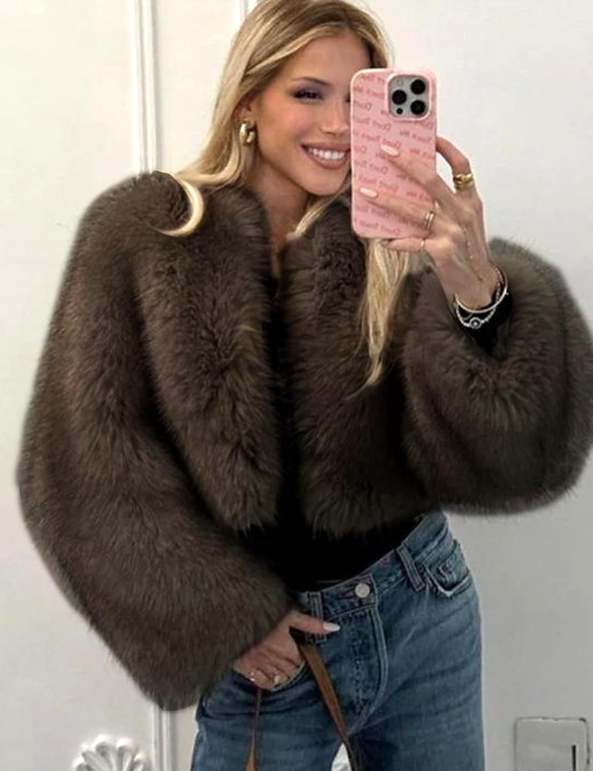 Wyeysyt Womens Faux Fur Coat Cropped Fur Jacket Fluffy Long Sleeve Open Front Fuzzy Winter Warm Outerwear - Image 2