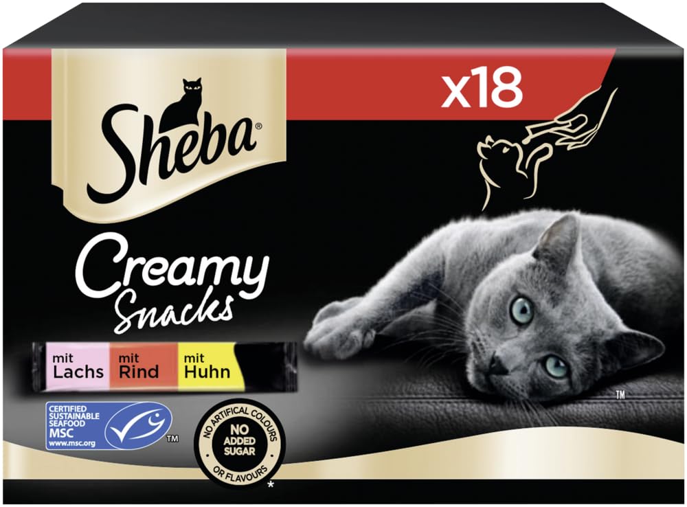SHEBA Beutel Multipack Creamy Snacks 3 Varietäten MSC 5X 18 x 12g Katensnack Leckerlis