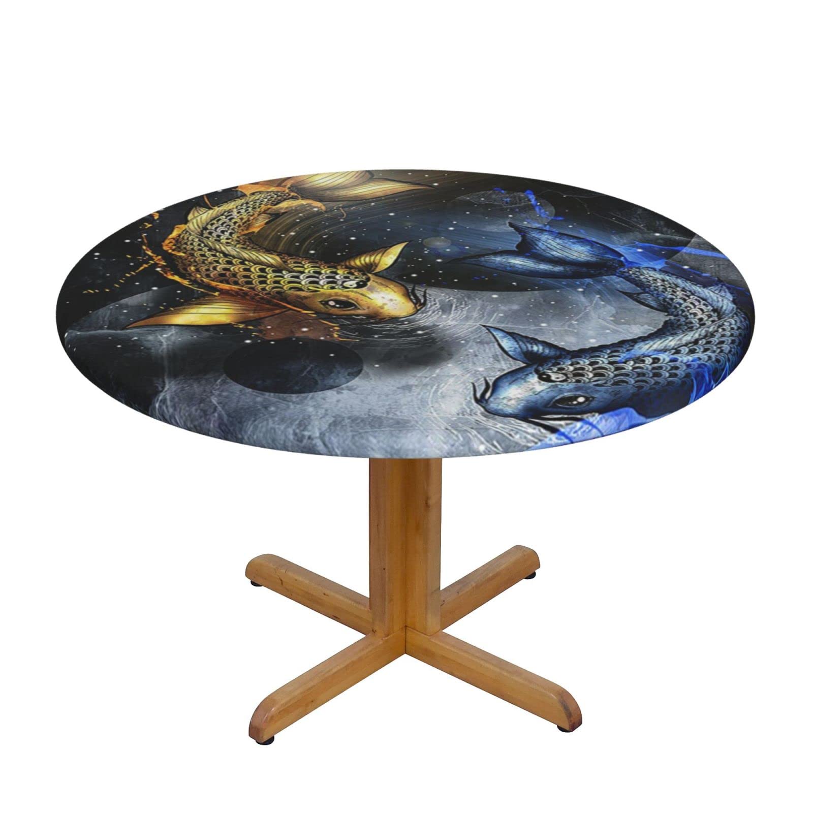 Lsjuee Round Fitted Tablecloth 40-44in Elastic Edged Table Cloth for Kitchen Dining Party Home Decor - Yin Yang Fish Golden Blue