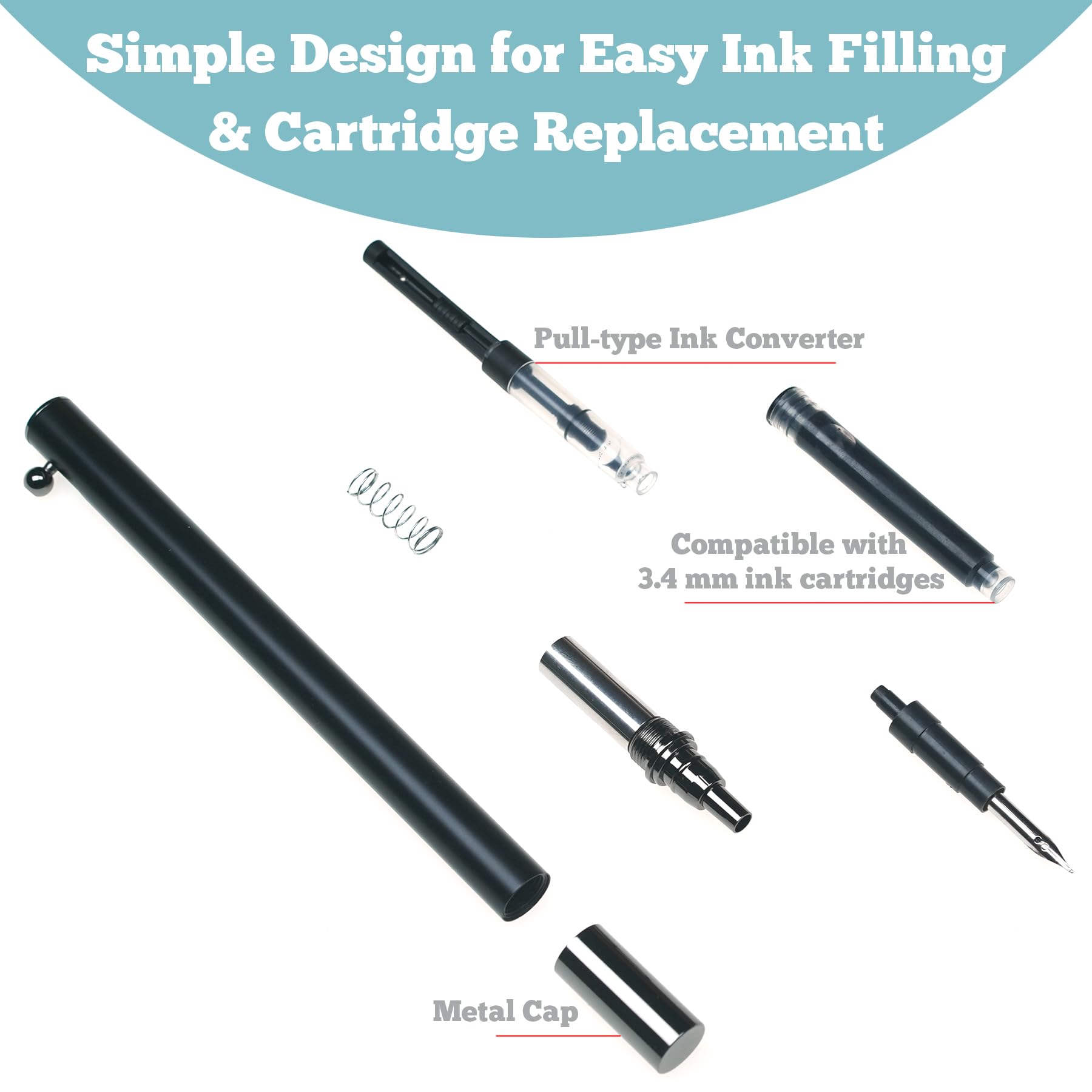 Pluma estilográfica retráctil, punta extrafina de 0,38 mm, bolígrafos suaves con convertidor, 6 cartuchos de tinta y bolsa de regalo para escribir (negro mate)