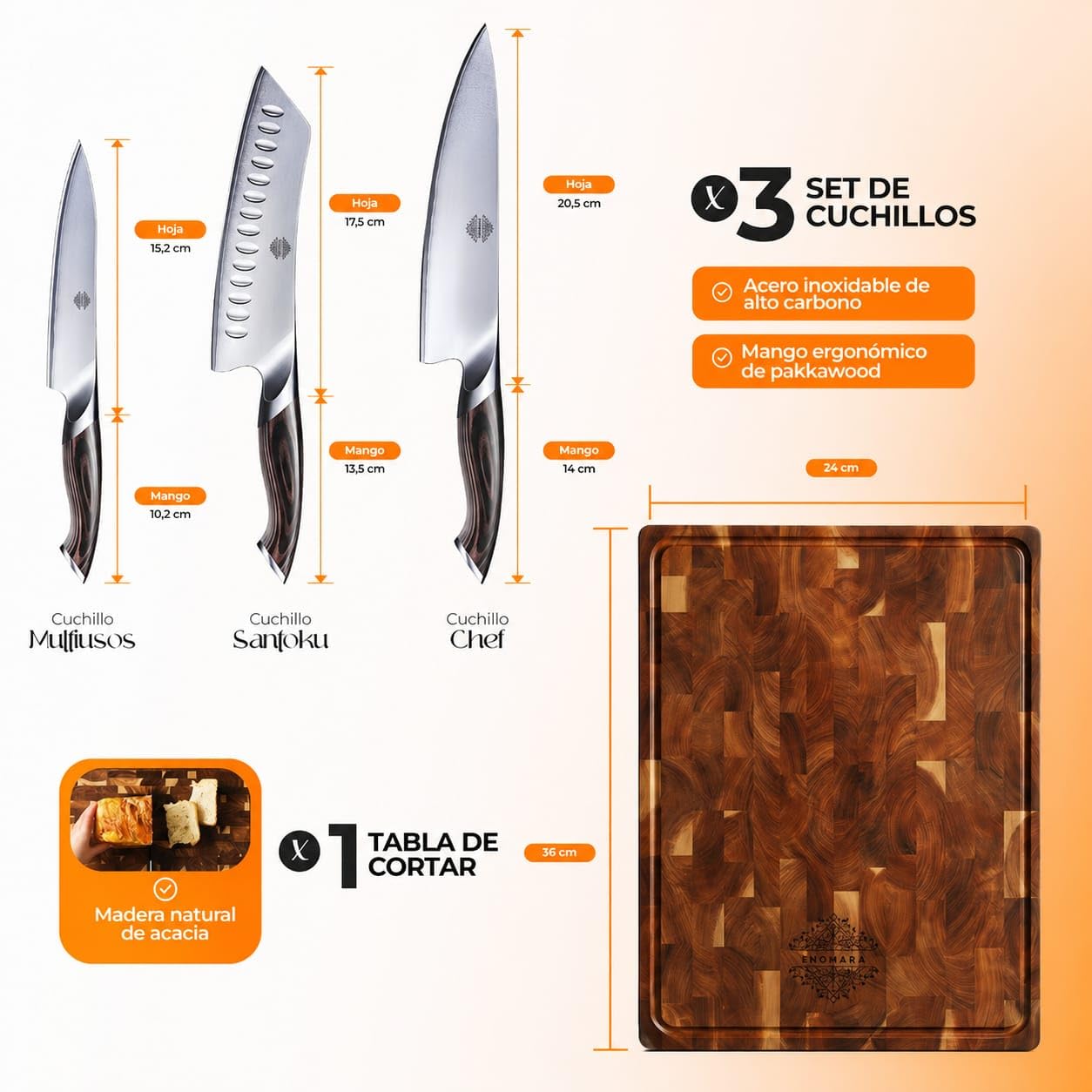 Set de cuchillos de cocina con tabla de acacia – regalo premium original para hombre y mujer – cuchillo chef, santoku y multiusos – acero inoxidable