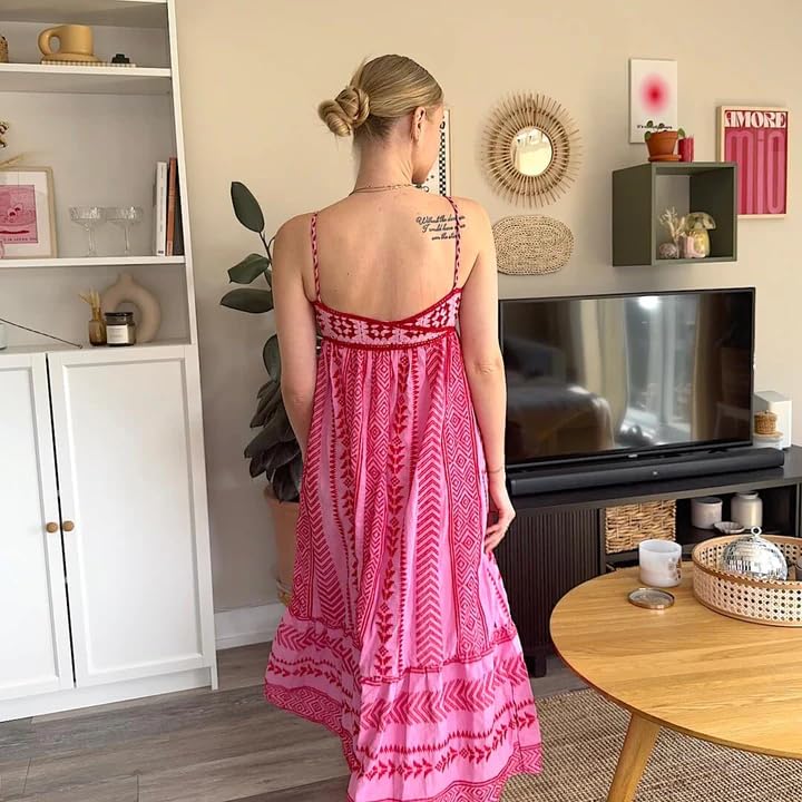 Women Boho Maxi Dress Crochet Patchwork Sleeveless Long Flowy Swing Dress Pink Beach Sundresses4