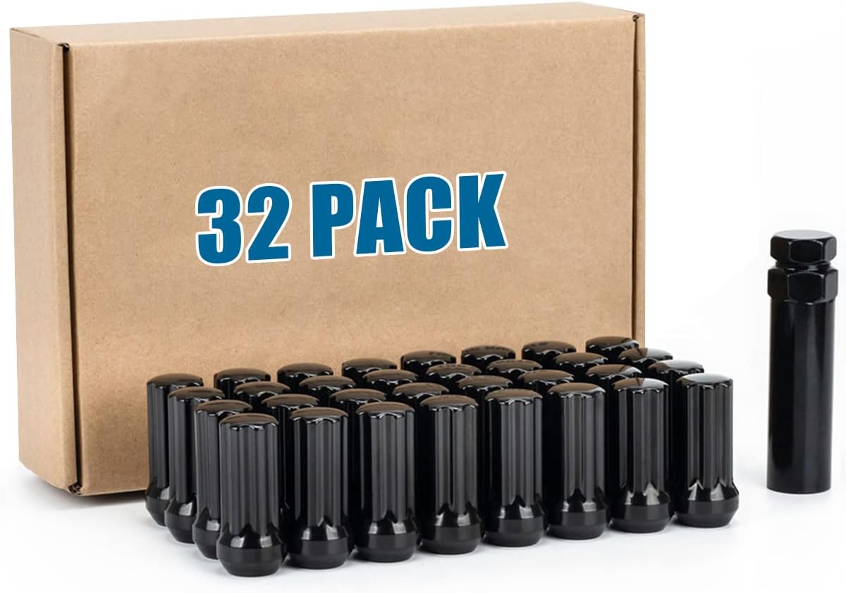 JiiinMiiin 32pcs M14x2.0 Lug Nuts Black with 7 Spline Tuner, 14x2 Locking Lugnut 2 inch Length with 1 Socket Key, 60 Degree Conical/Cone Bulge Seat Closed End