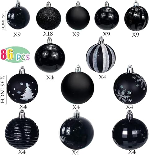 Miniatura 2 de AOGU Juego de 86 bolas de Navidad negras para árbol de Navidad, decoraciones inastillables para árboles, fiestas, vacaciones, guirnaldas, coronas,