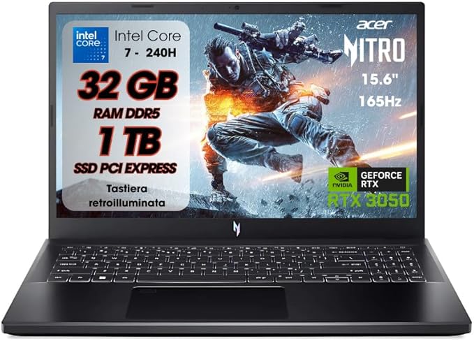 acer Nitro V15 Pc Gaming, Notebook Gaming Cpu Intel Core 7 240H, 32GB RAM DDR5, SSD 1TB, Display 15,6" FHD IPS 165 Hz, NVIDIA GeForce RTX 3050 (6 GB GDDR6), Tastiera Retroilluminata, Pc Portatile