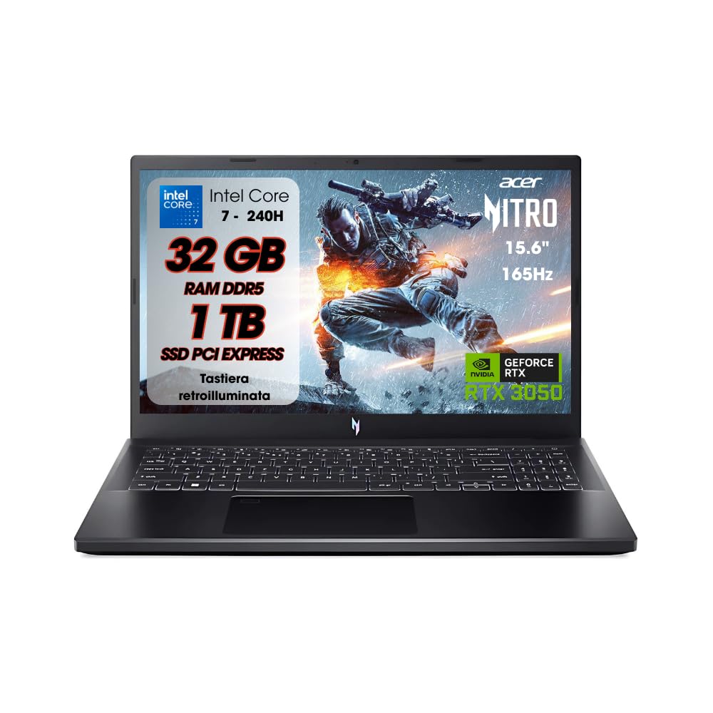 Acer Nitro V15 Pc Gaming, Notebook Gaming Cpu Intel Core 7 240H, 32GB RAM DDR5, SSD 1TB, Display 15,6" FHD IPS 165 Hz, NVIDIA GeForce RTX 3050 (6 GB GDDR6), Tastiera Retroilluminata, Pc Portatile
