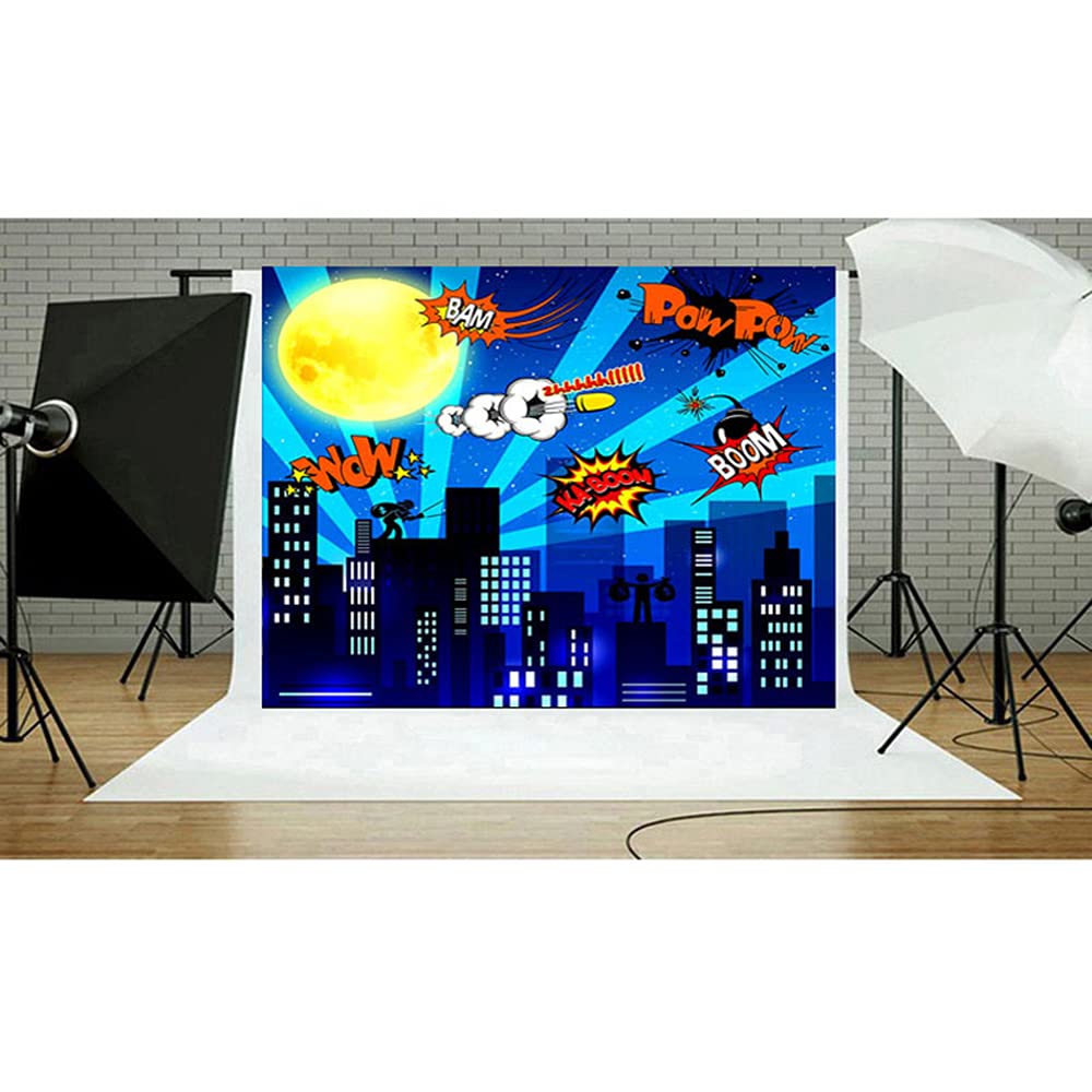 Sfondo di Supereroi,Supereroe Compleanno Foto Sfondo 2,1 x 1,5 m Cityscape Backdrop Per Bambini Festa Fotografia Sfondo