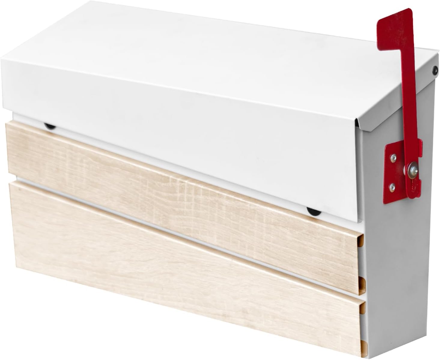 Wall Mount Mailboxes, Modern Mailbox with White Walnut Wood Panel, Large Capacity Galvanized Steel Post Box with Flag (No Keys Locking)