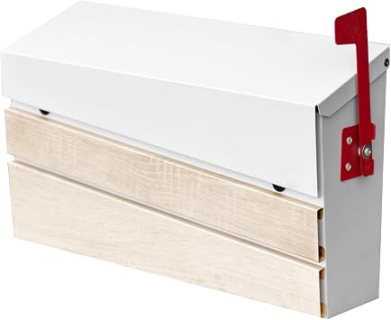 Wall Mount Mailboxes, Modern Mailbox with White Walnut Wood Panel, Large Capacity Galvanized Steel Post Box with Flag No Keys Locking