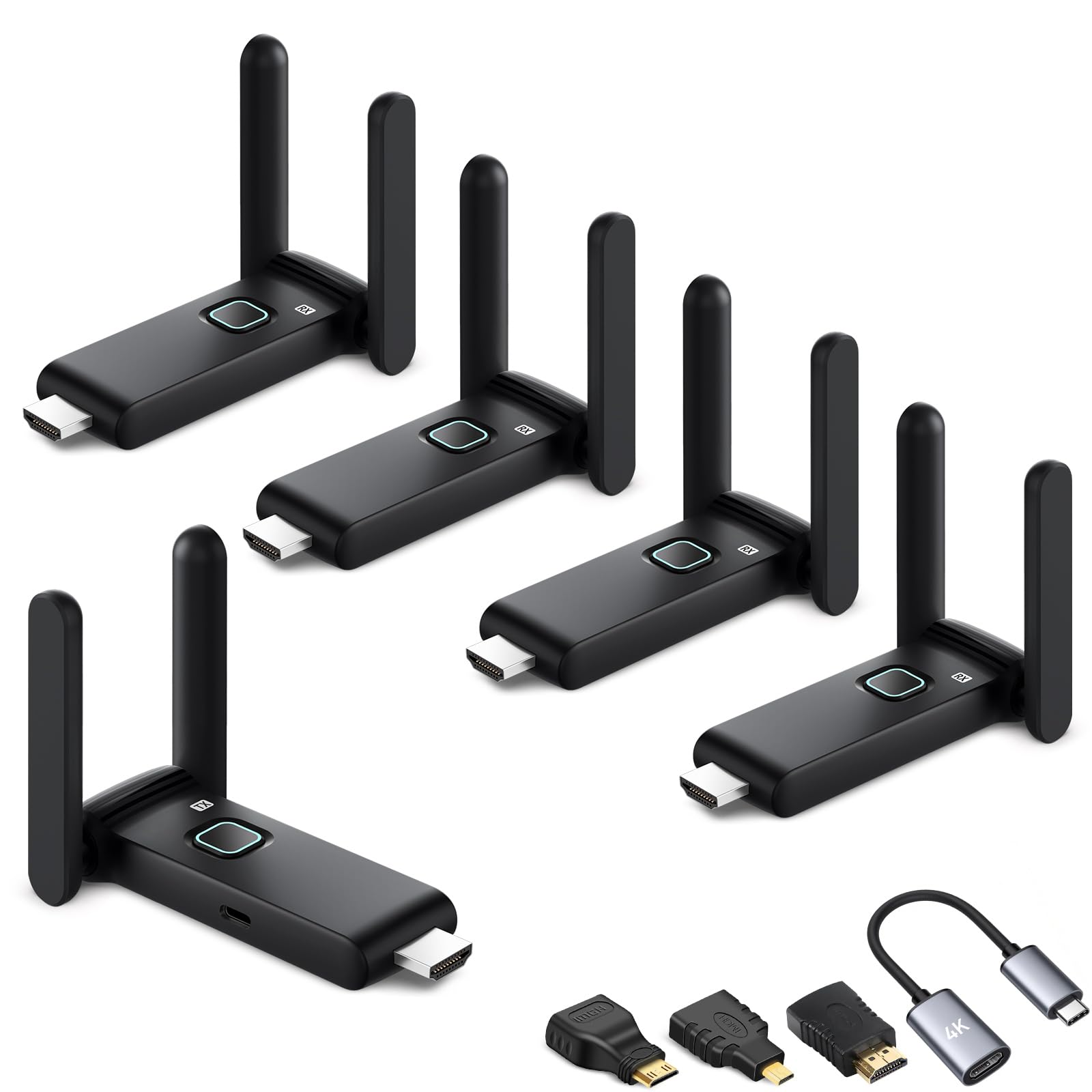 Wireless HDMI transmitter and 4 receiver 4k, USB-C to HDMI Adapter multi TV extender kit, 2.4/5.8G@60Hz 165FT/50M, suitable for expanding from laptops