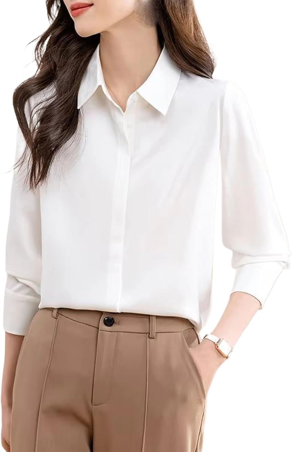 Women's Satin Blouse Long Sleeve Korean Solid Shirt Office Lady Clothes Elegant Casual Top