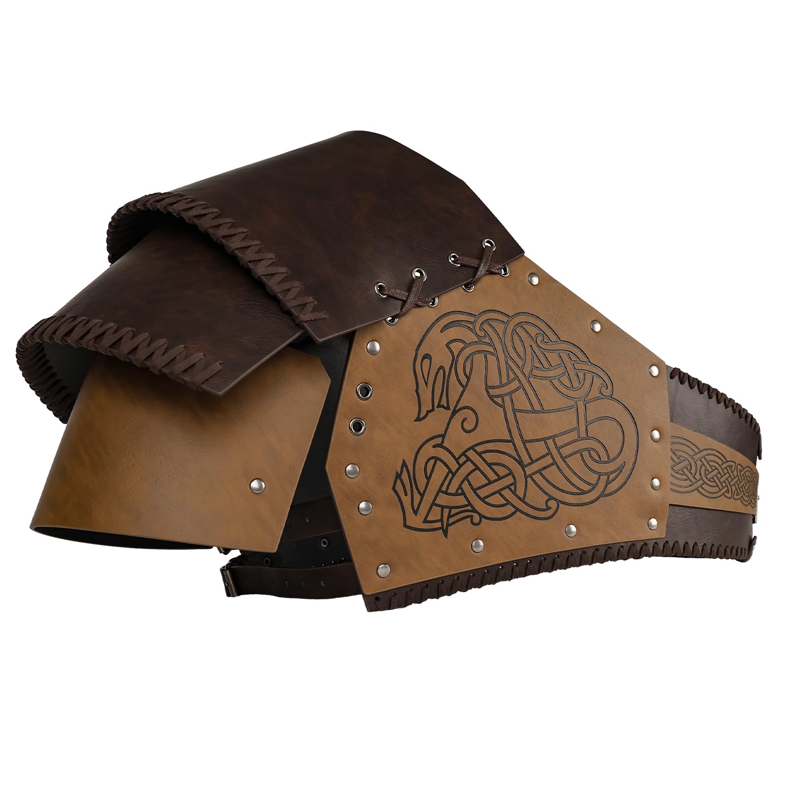 HiiFeuer Viking Embossed Single Pauldron Shoulder Armor, Medieval Adjustable Faux Leather Knight Armor for Ren Faire Cosplay (Dark Brown)