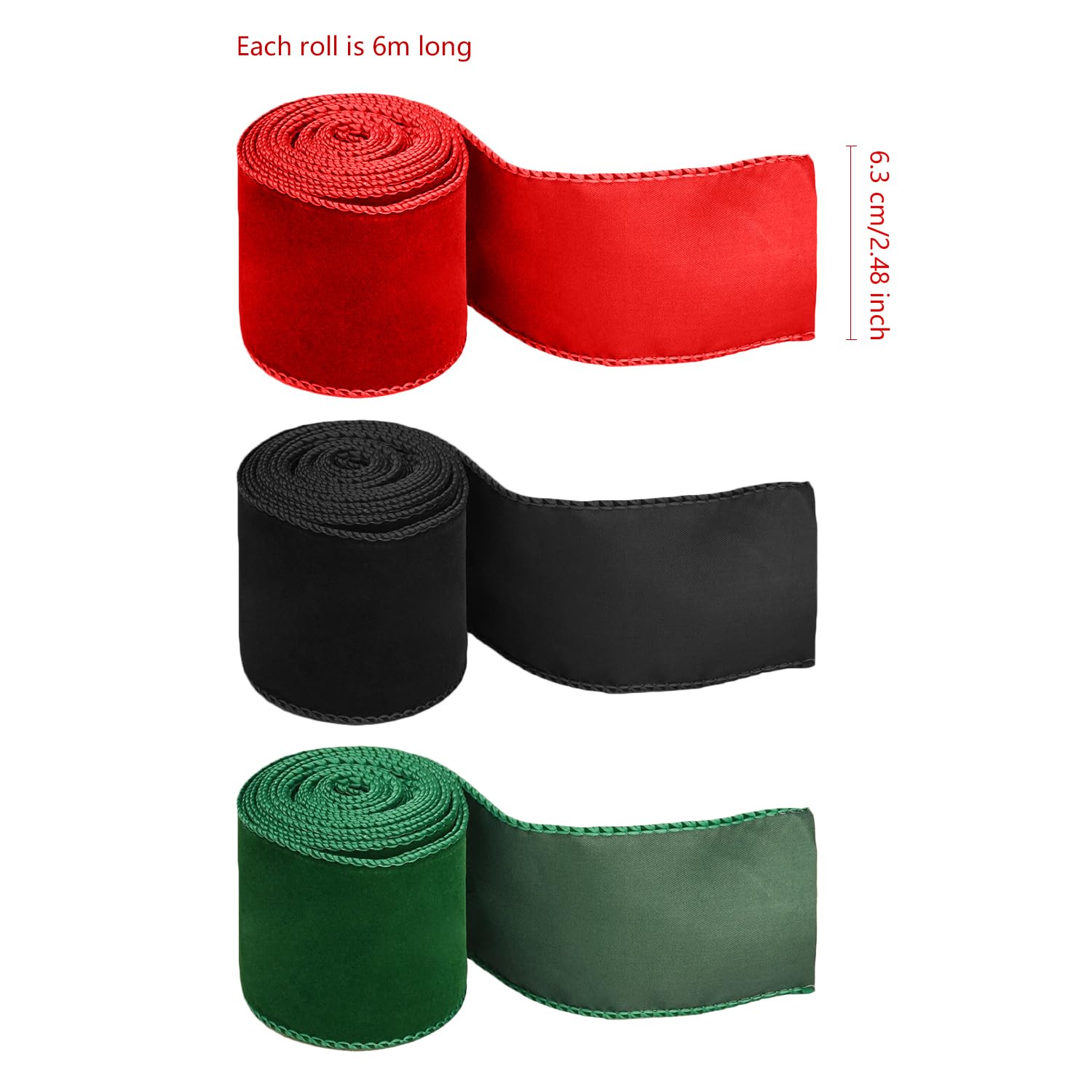 UNVOJL 6.3CM x 6M Christmas Wired Edge Velvet Ribbon Burgundy Red Christmas Velvet Fabric Ribbon (Green) - Image 2
