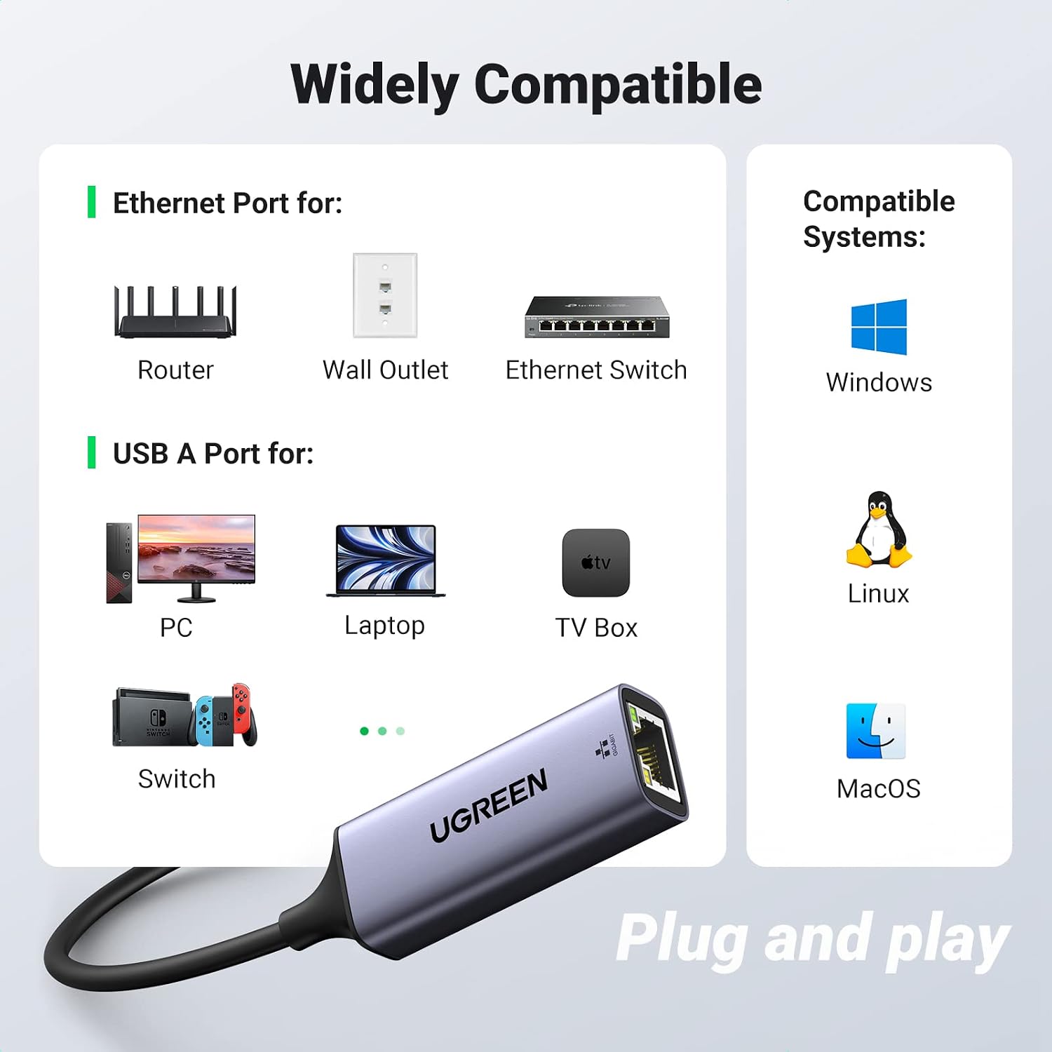 UGREEN USB 3.0 to Ethernet Adapter Gigabit Network Adapter Compatible with Nintendo Switch, Windows, MacOS, Linux, and More