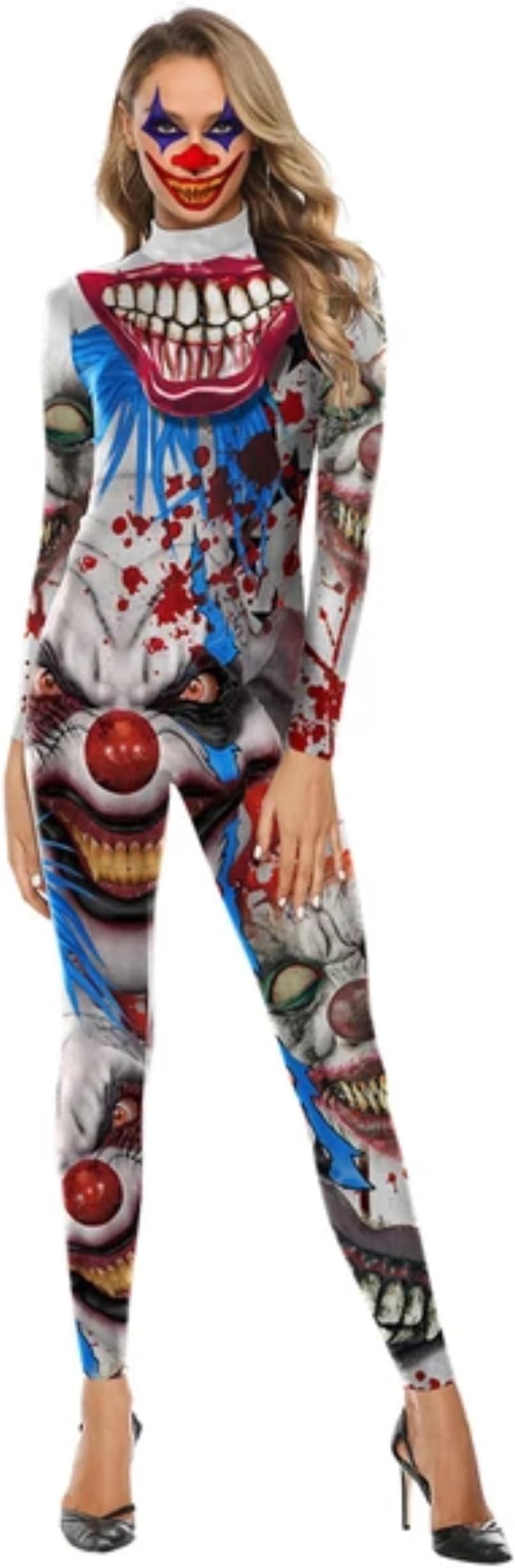 Creepy Circus Adult Halloween Spooky Multicolour Jumpsuit Body Outfit - Horror Haunted Fancy Dress Party Costume - One Size (Medium UK 10)