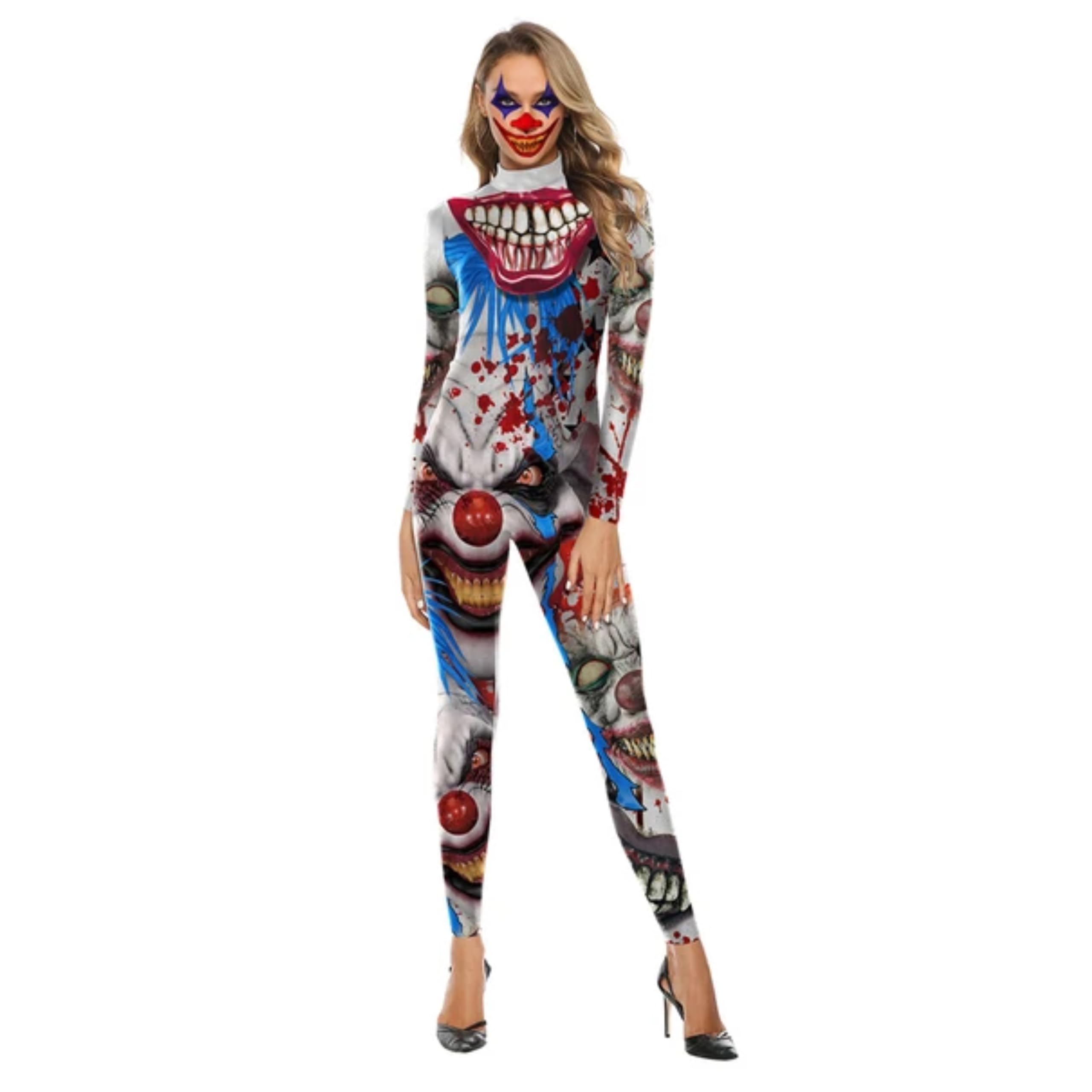 eBoutikCreepy Circus Adult Halloween Spooky Multicolour Jumpsuit Body Outfit - Horror Haunted Fancy Dress Party Costume - One Size (Medium UK 10)