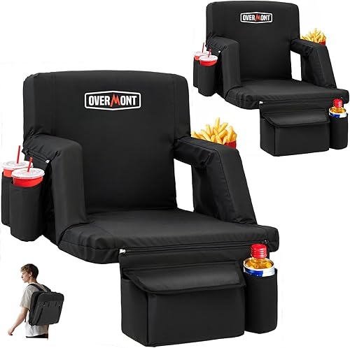 Overmont Asiento de estadio con soporte trasero, cojín acolchado de 2.8 pulgadas, asiento reclinable de 6 posiciones con doble gancho, correas para