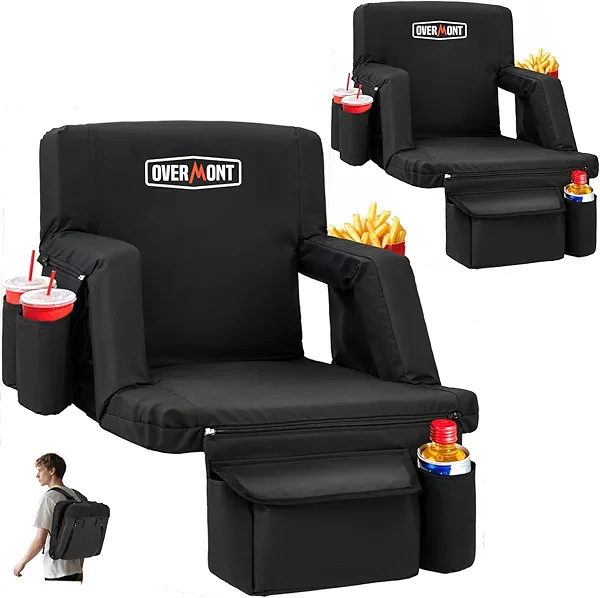 Overmont Stadium Seat with Back Support – 6-Position Recliner, Extra Wide Cushion, Dual Hooks, Backpack Straps, and Multiple Pockets – Bleacher Chair for Sport Events, Kayak & Paddle Board Backs 2pcs
