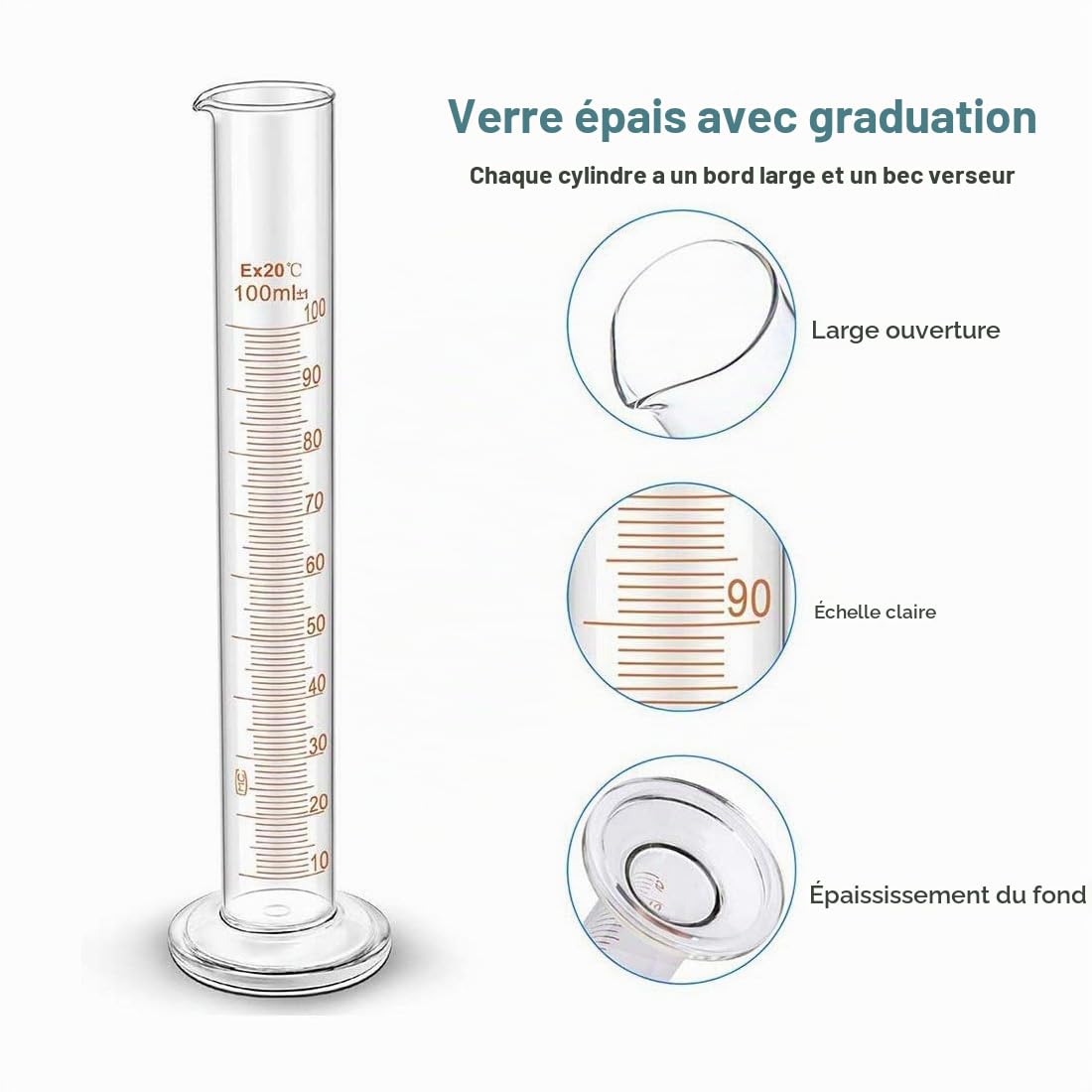 3 Pièces de Cylindre Gradué Verre 100ml