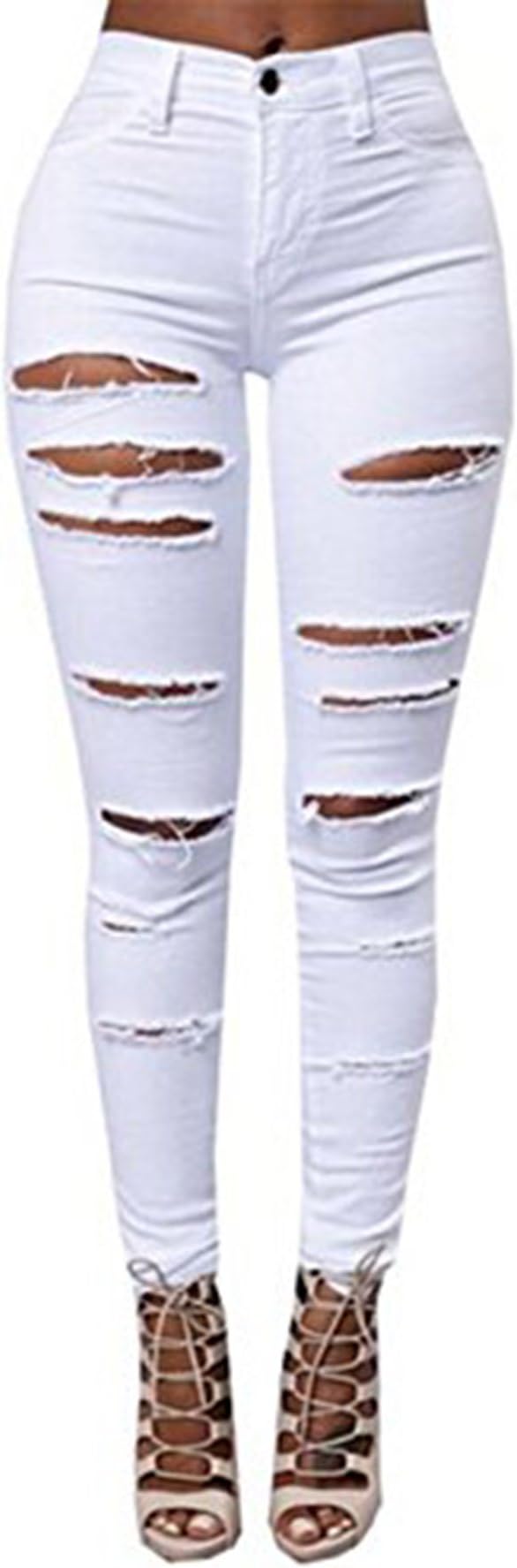 Women Skinny Stretch Denim High Waist Trousers Leggings Jeans Pants Plus Size (M, White)