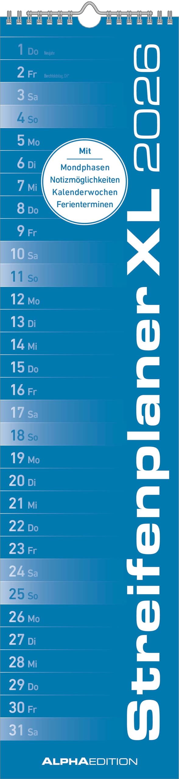 Streifenplaner XL Blau 2026 – Streifenkalender, 15×64 cm, Wand- und Küchenkalender