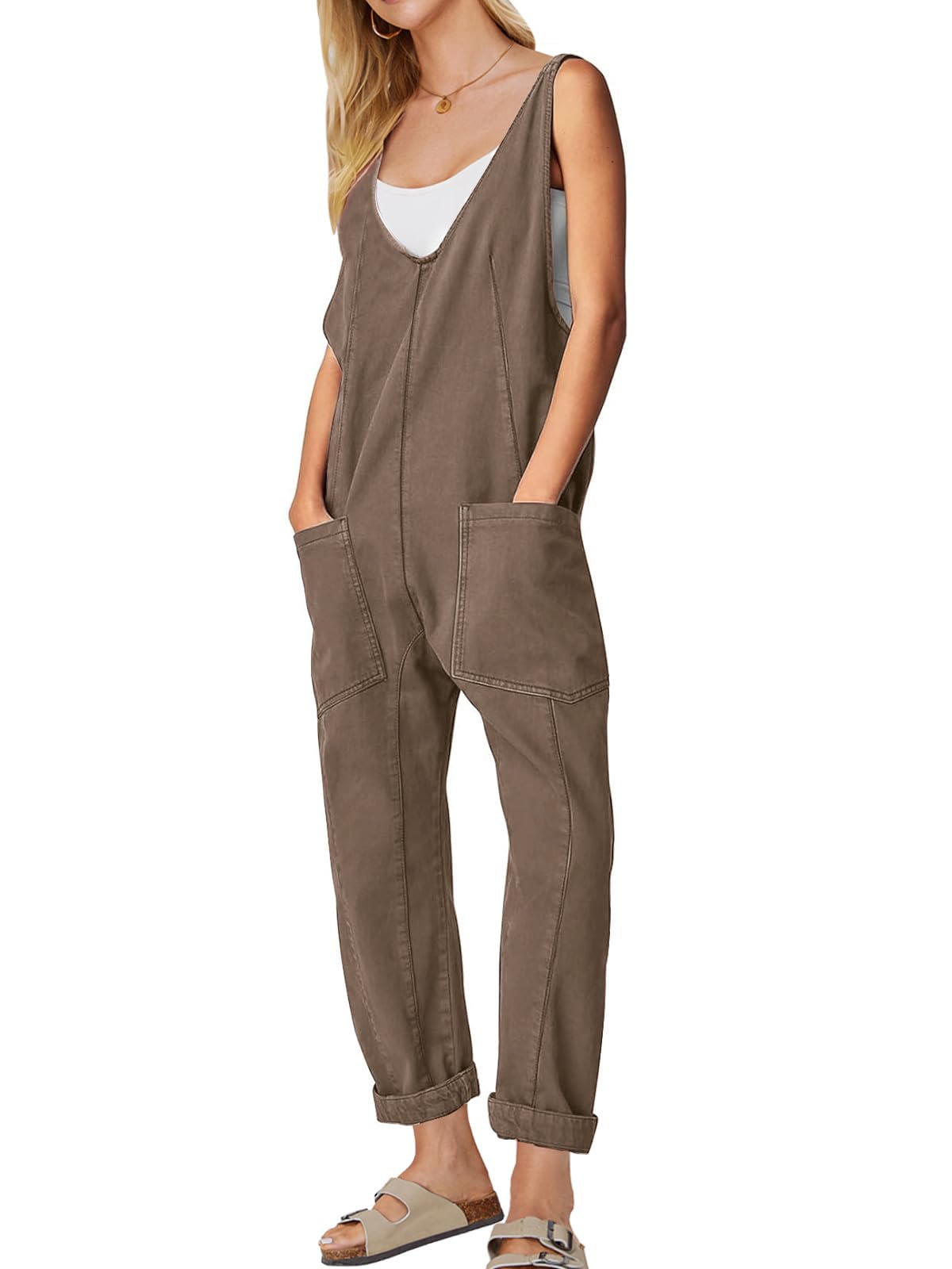 EXLURA Womens High Roller Denim Bib Jumpsuits Casual Loose Sleeveless Baggy Overalls Jeans Pants Jumpers with Pockets