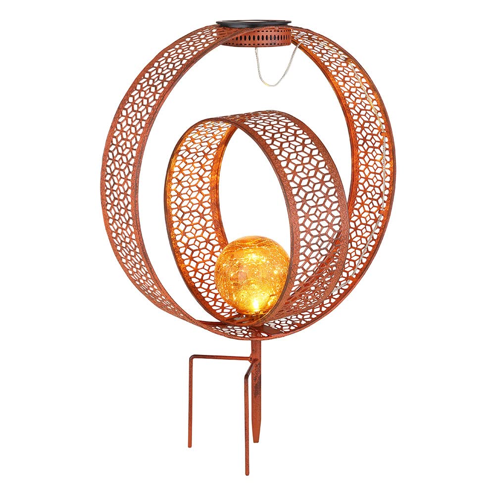 2x Solarleuchte mit Metallstanzungen und Glaskugel, Rost Höhe 42cm