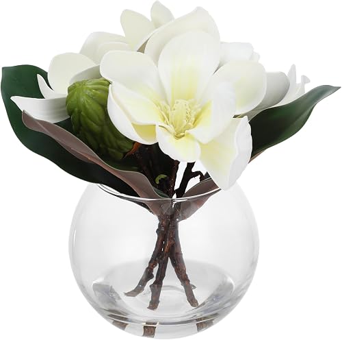 Artificial White Magnolia Flowers in Glass Vase with Faux Water Centerpiece | Layered petals and clear faux water create a ready-to-display accent for dining tables, shelves, desks and bathroom counters