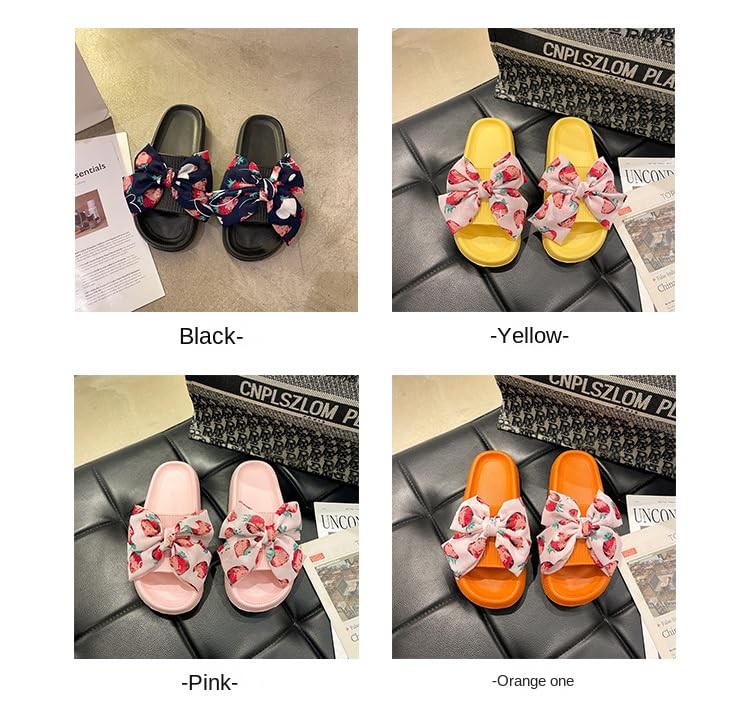 Loizziuy Strawberry Bow Slippers for Women Cute Fruit Design Indoor Flat Slides for Home, Hotel Bathroom Summer2