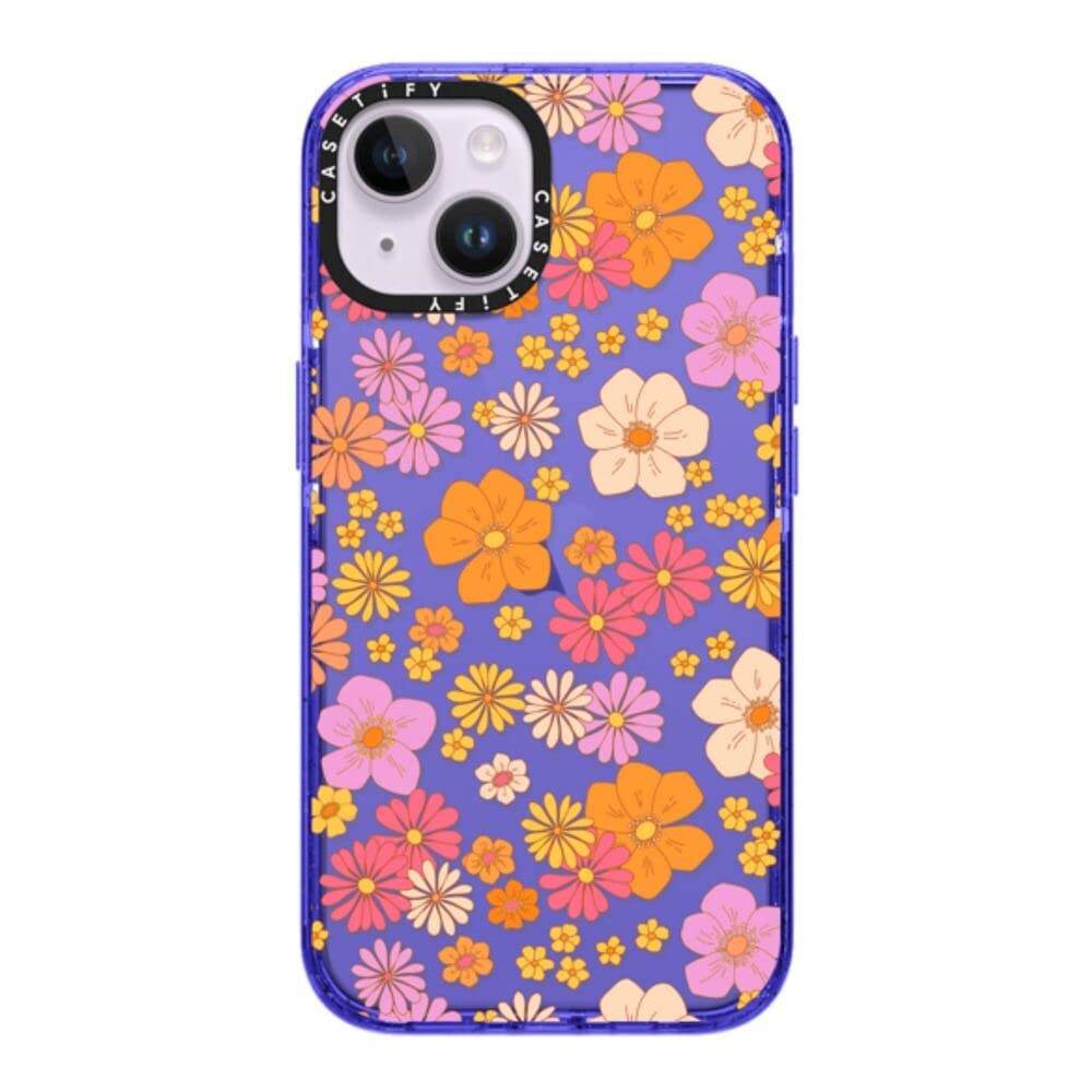 CASETiFYCASETiFY Impact iPhone 14 Case [4X Military Grade Drop Tested / 8.2ft Drop Protection] - Retro Boho Hippie Flowers (60s / 70s Floral Pattern on Clear Background) - Peri Purple