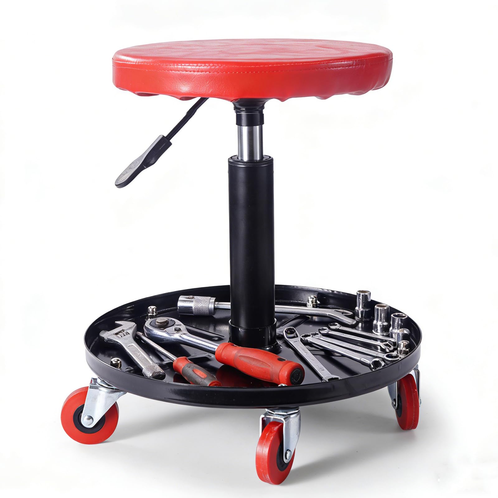 Sgabello da Officina Regolabile, Sgabello da Officina Mobile con Vassoio E Seduta Tonda, Sedia Meccanico Altezza Regolabile E Girevole 150 kg, 2 Ripiani Longueur RéGlable : 42 à 56 Cm,Rosso