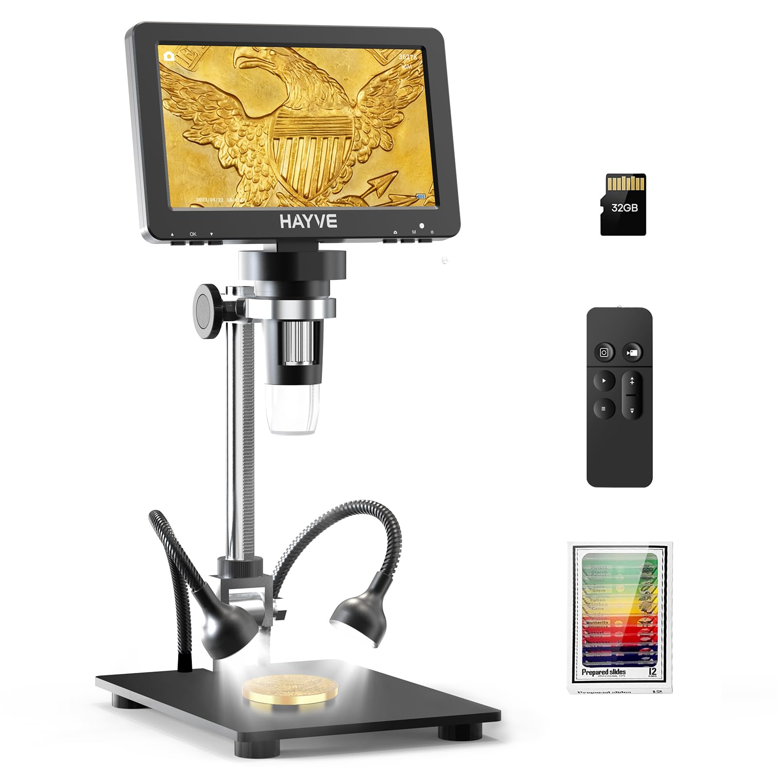Hayve 7'' HDMI Digital Microscope,1200X Coin Microscope with IPS Screen, 16MP Soldering Microscope with Lights, 8.5'' Long Stand, View Entire Coin, Compatible with PC/TV, 32GB Card