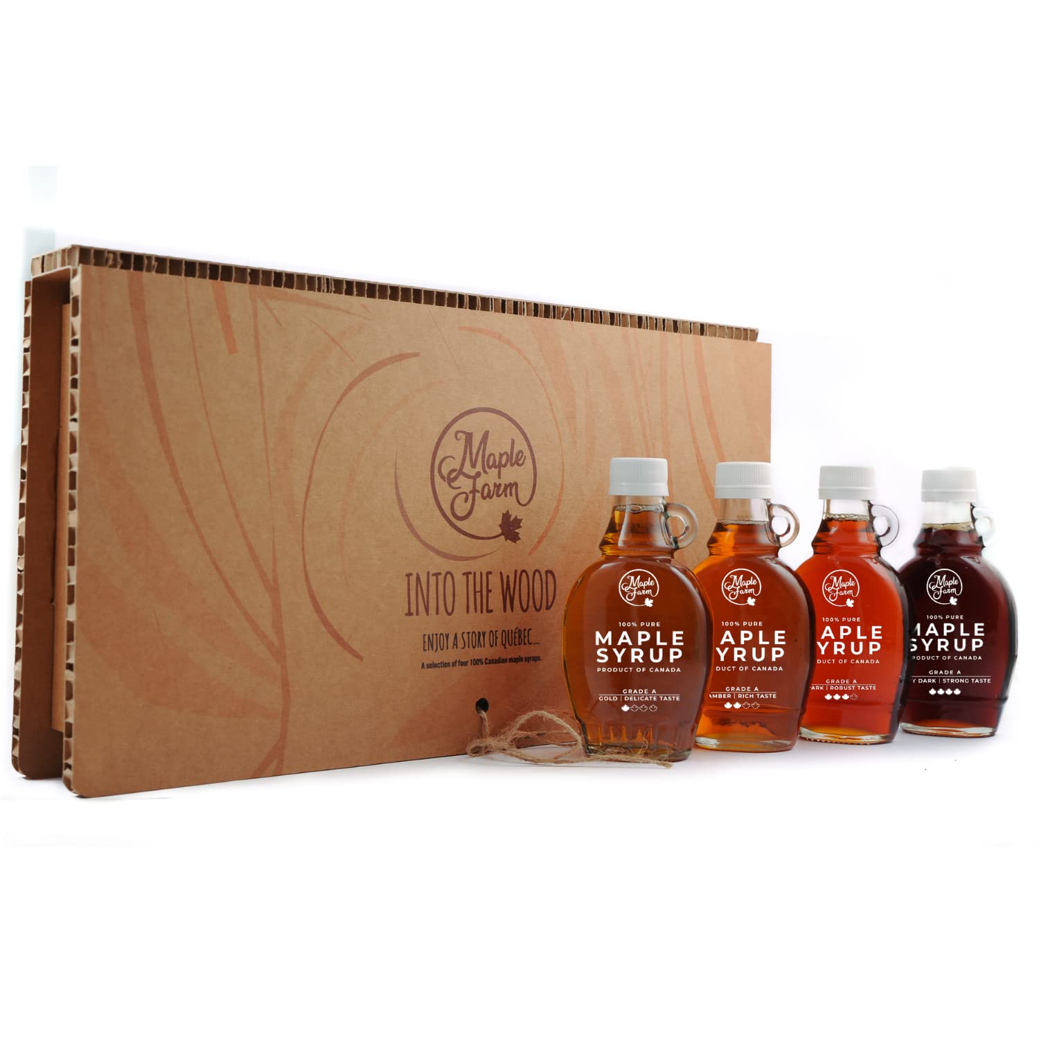 MapleFarm - Sirop d'érable pur dans une boîte-cadeau. Pack dégustation 4 variantes : DORÉ - AMBRE - FONCÉ - TRÈS FONCÉ. Coffret cadeau illustré.
