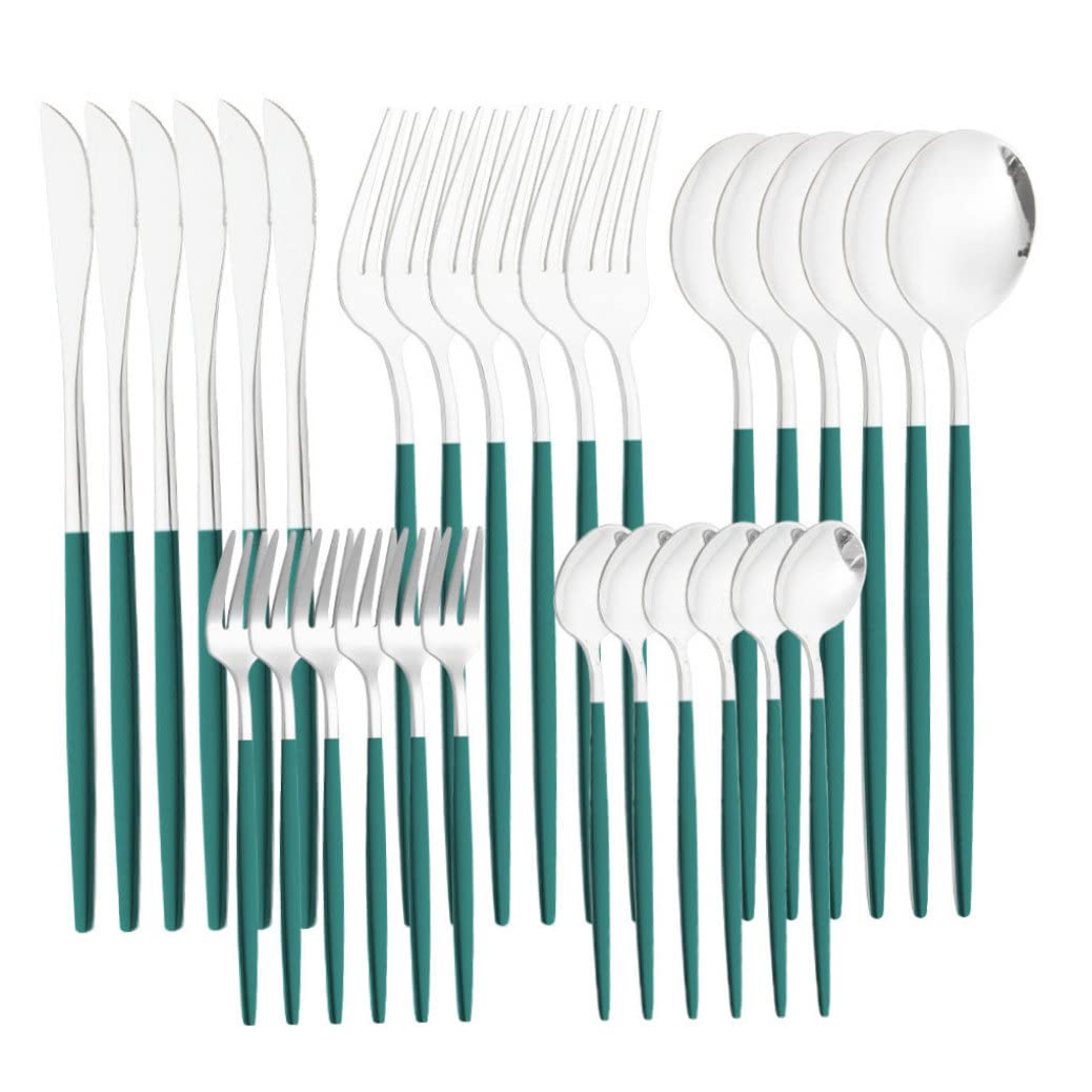 Hperu 30Pcs Silverware Set, Stainless Steel Flatware Tableware Cutlery Utensil Set for Kitchen Dark Green Stainless Steel Tableware