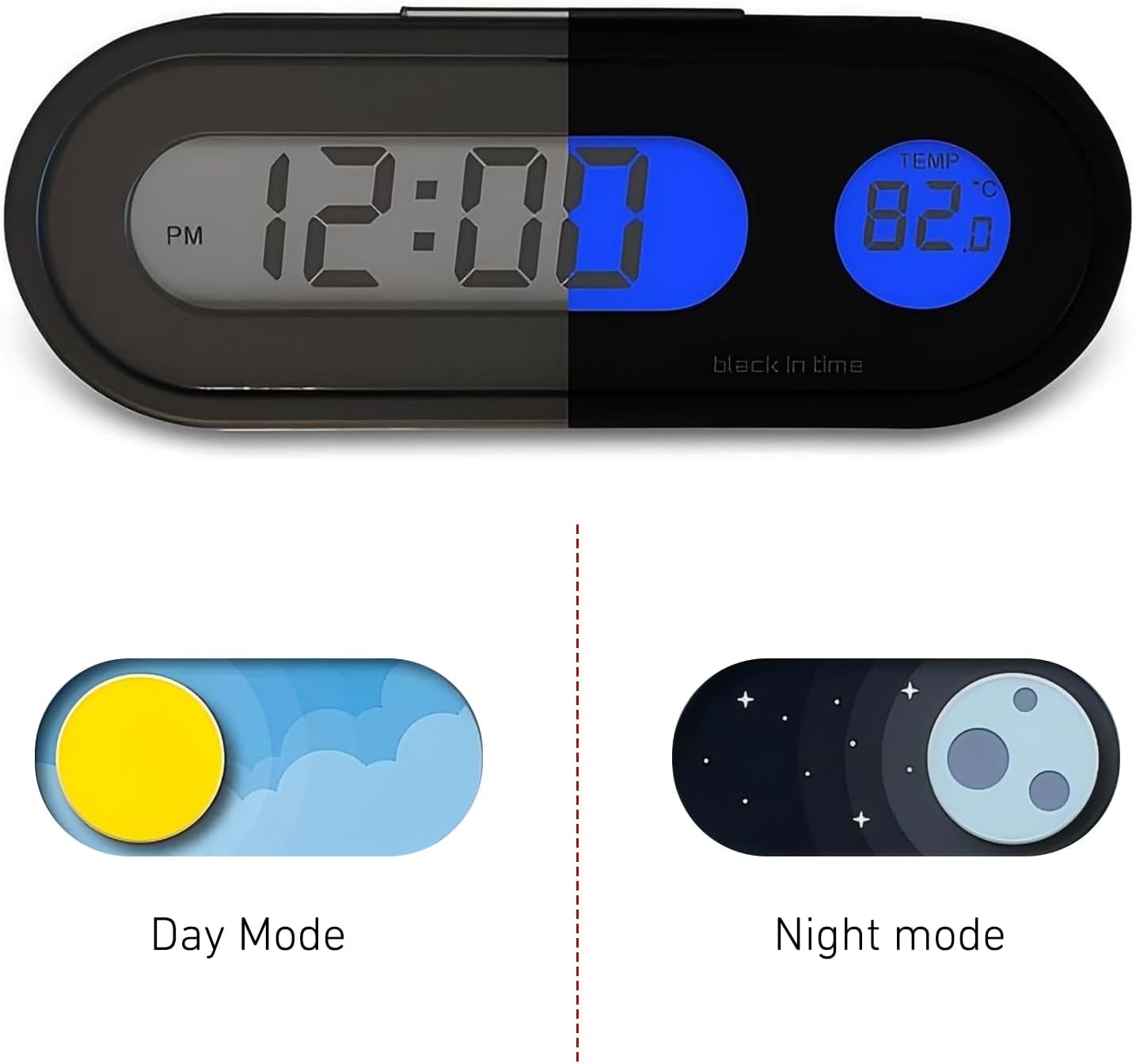 Car Clock with Temperature Display, Glow-in-the-dark 2 in 1 Dashboard Car Clock, 12/24 Hours Mini Dash Watch with Fixing Base, Fit for Most Cars, Trucks, SUVs (Black)