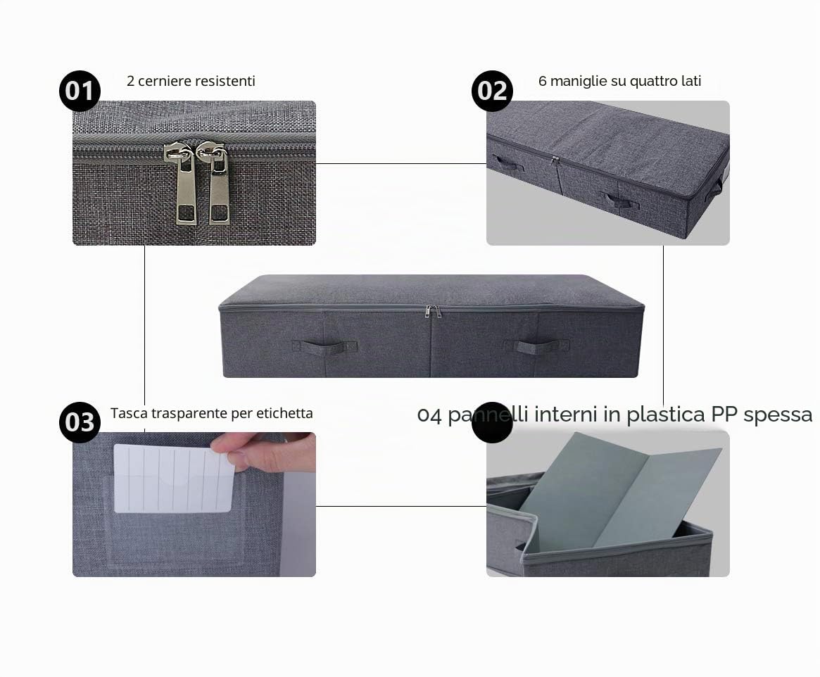 Confezione da 2, grandi scatole rigide sotto il letto per copriletti, coperte queen/king, pannelli in plastica interni, stabili e indeformabili, colore nero/grigio