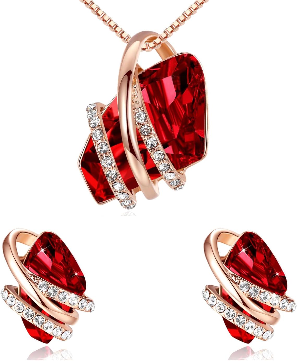Leafael Wish Stone Necklace and Stud Earrings Jewelry Set for Women, January July Birthstone Ruby Red Crystal Jewelry, Silver Tone Gifts for Women