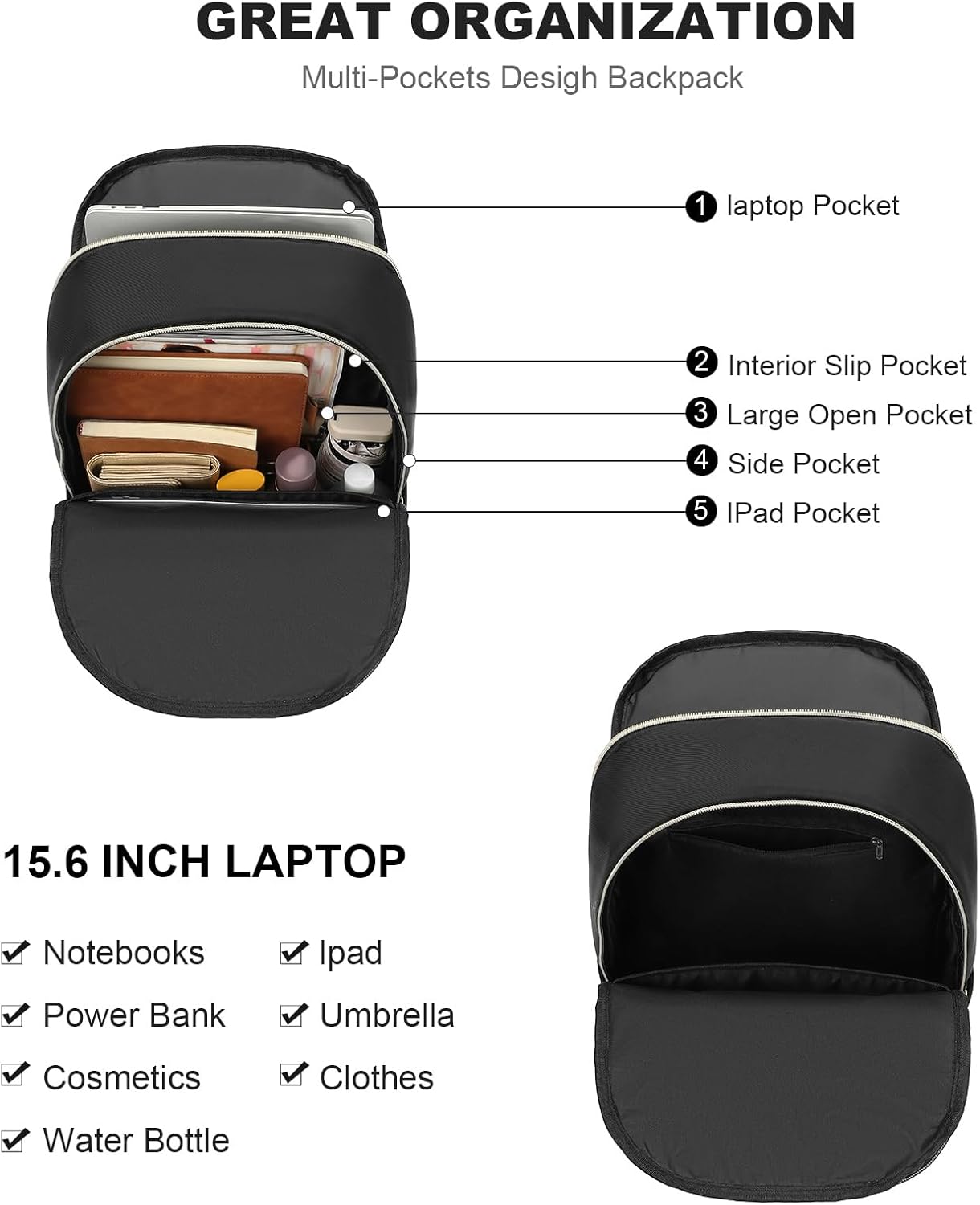 GAEKEAO Laptop Backpack Purse for Women 15.6 Inch Travel Computer Bags Fashion Casual Daypacks for Work College Business Black