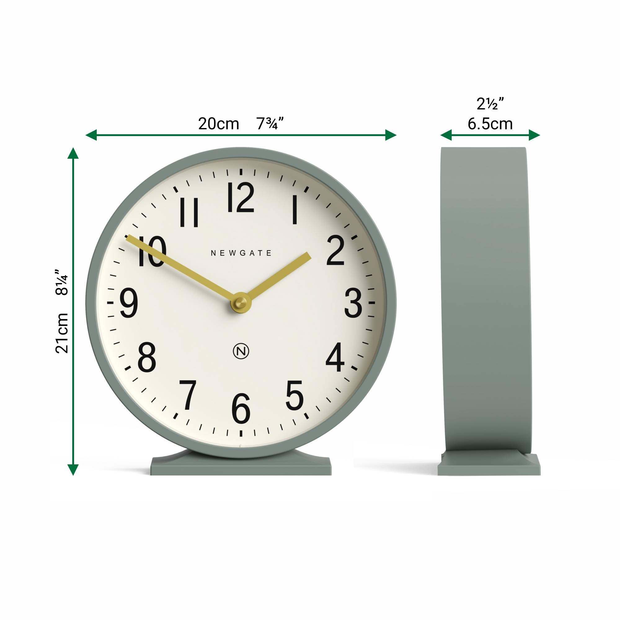 NEWGATE® Q Reloj de repisa | Reloj clásico Moderno de repisa Redonda | Verde de espárragos | Estilo contemporáneo para repisa, Escritorio, Mesa, estantería o mesilla